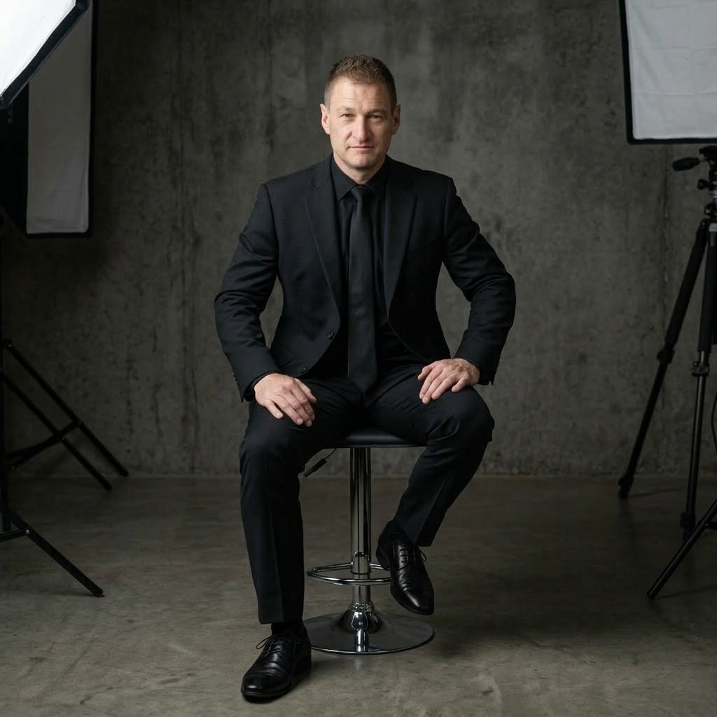 Portrait of Ian Bann, AI Driven SEO Strategist, in studio and seated in black suit