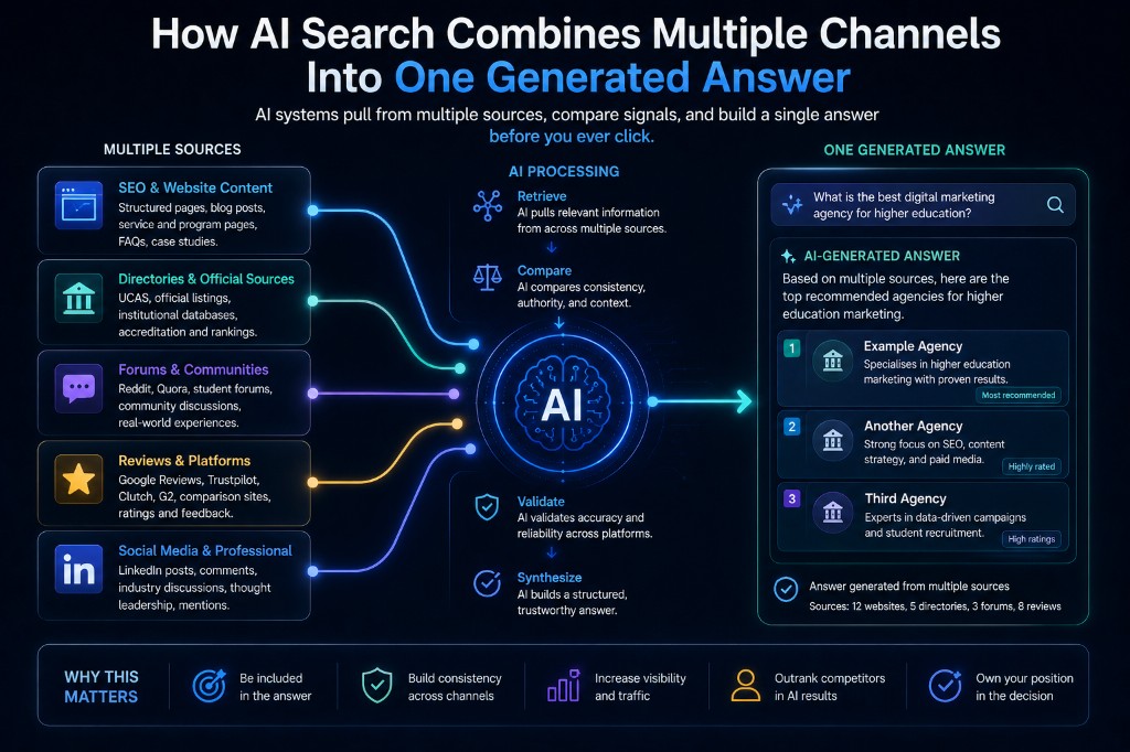 Infographic titled How AI Search Combines Multiple Channels Into One Generated Answer: five source columns for SEO and website content, directories and official sources, forums and communities, reviews and platforms, and social or professional networks connect to a central AI hub labelled retrieve, compare, validate, and synthesize, then to one generated answer panel with citations.