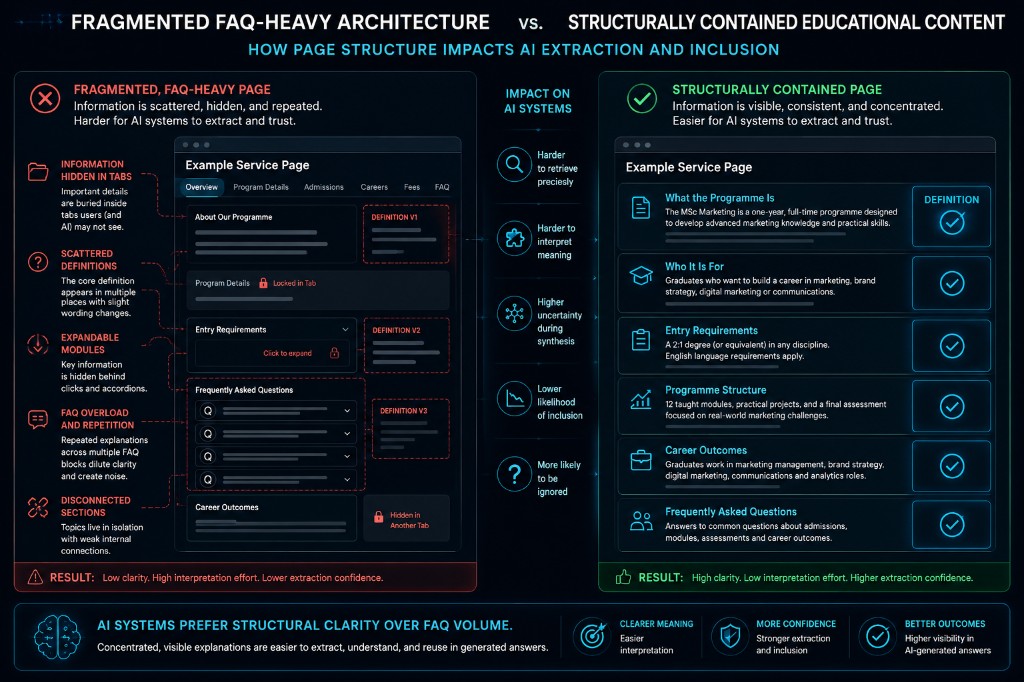Side-by-side infographic comparing fragmented FAQ-heavy page architecture with structurally contained educational content used in AI-generated answers, showing hidden tabs and expandable modules versus visible sections and concentrated content flow.