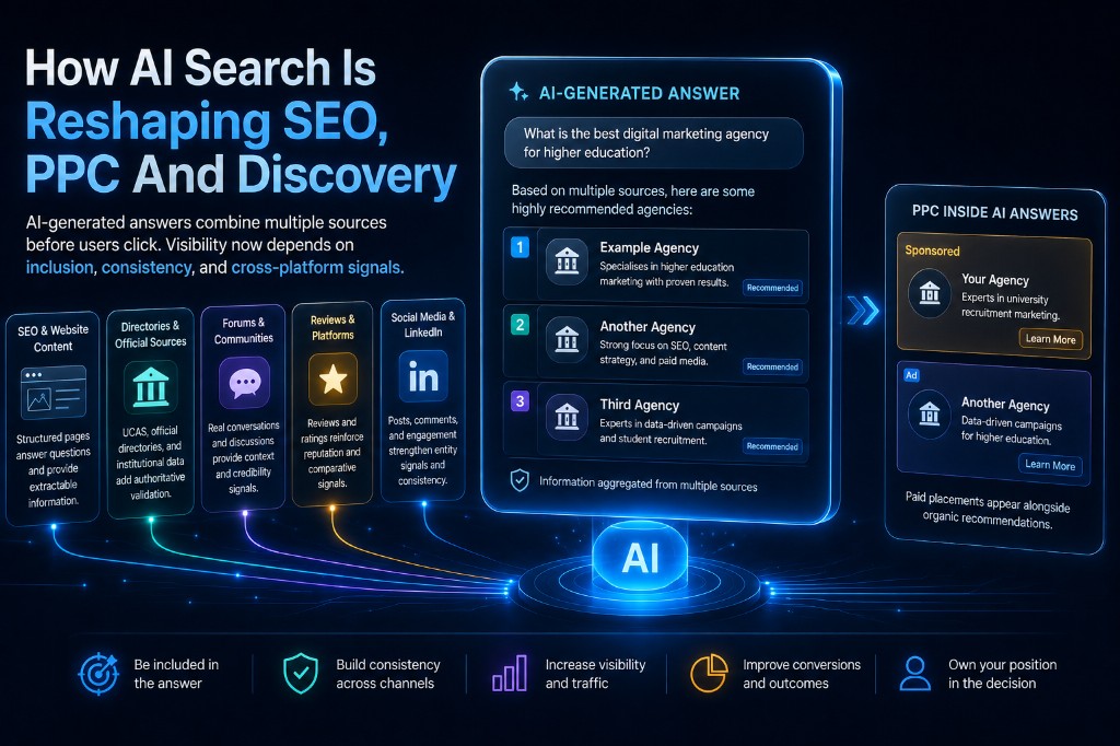 Infographic titled How AI Search Is Reshaping SEO, PPC And Discovery: SEO, directories, forums, reviews, and social sources feed a central AI-generated answer with sponsored PPC placements alongside organic recommendations, emphasising inclusion and cross-channel consistency. Research by Ian Bann, AI Driven SEO Strategist.