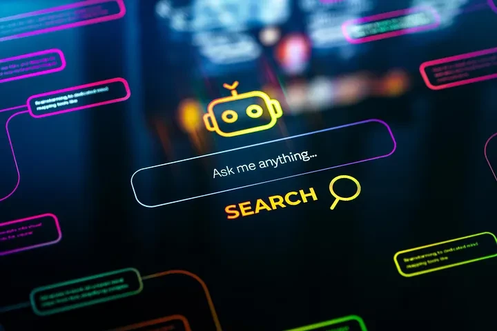 Dark AI search interface showing a chatbot search bar and query prompts, representing how AI systems select agencies in generated answers.