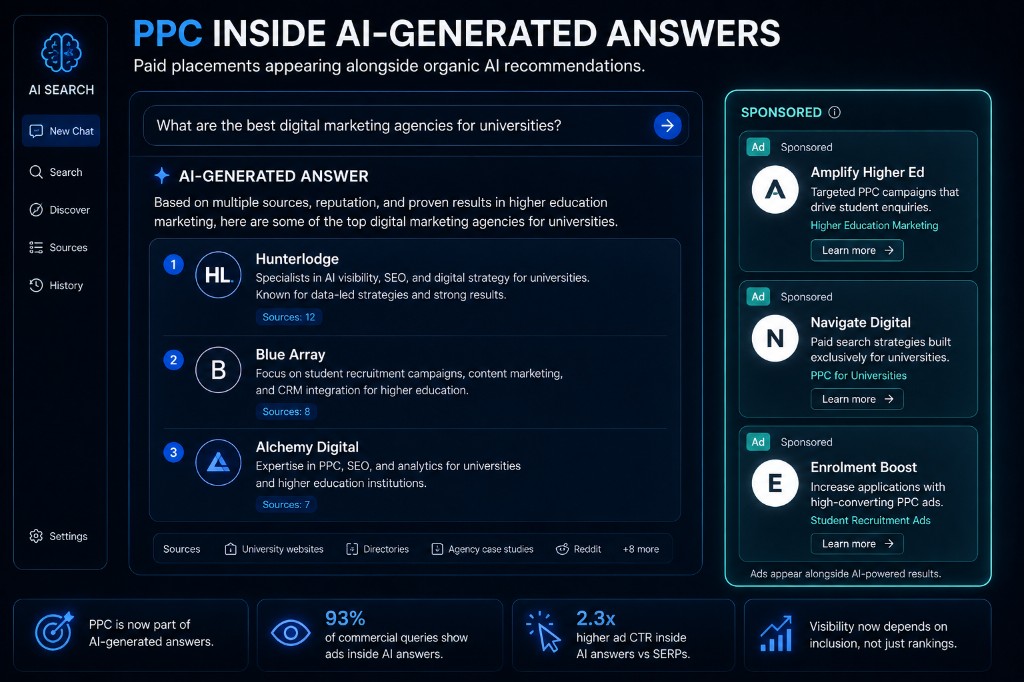Infographic titled PPC Inside AI-Generated Answers: dark-mode AI search mockup with an AI-generated organic shortlist in the main column and a sponsored column of labelled PPC ads beside it, with callouts that paid placements appear alongside AI-powered recommendations.