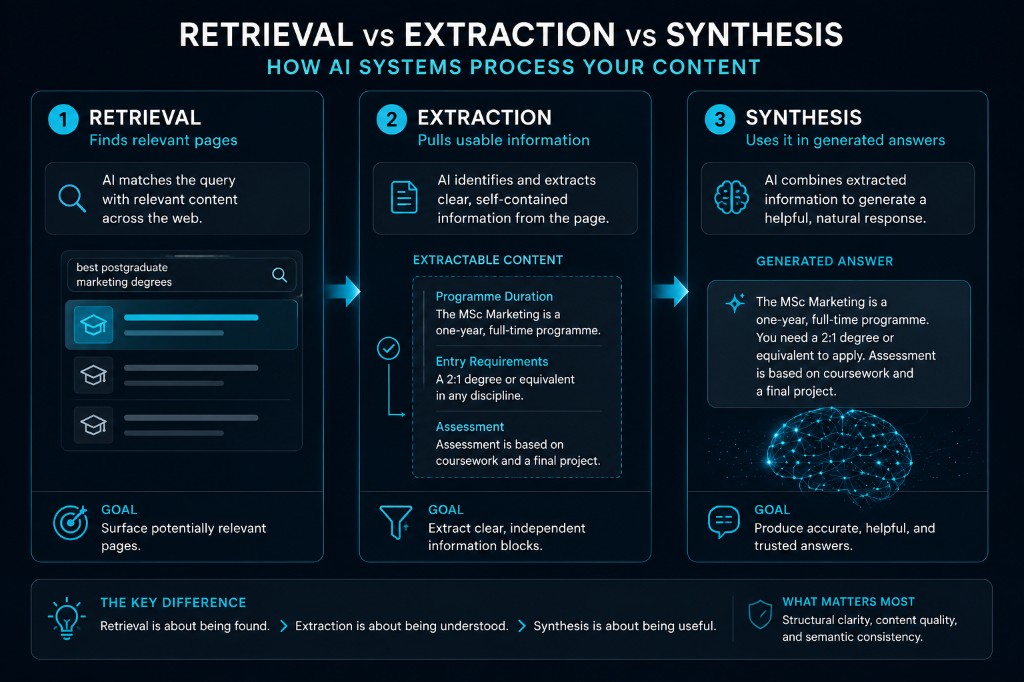 Comparison infographic showing Retrieval vs Extraction vs Synthesis inside AI-generated answers using a structured cyan and dark navy panel layout with connected flow arrows and segmented interface panels.