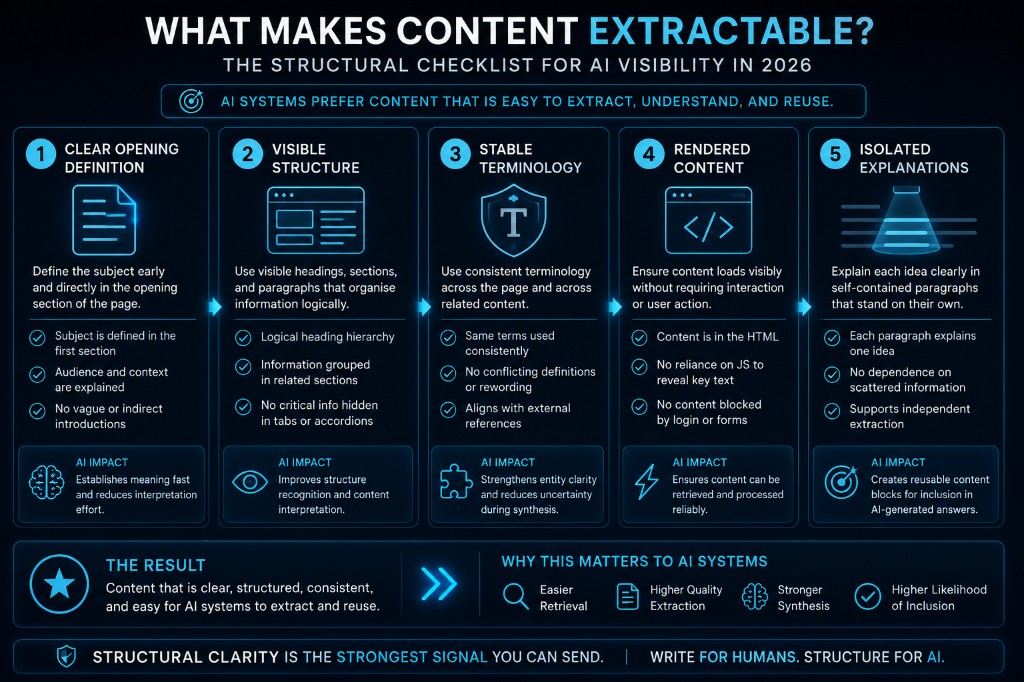 Structured AI visibility checklist infographic explaining what makes content extractable inside AI-generated answers using five segmented panels covering definitions, visible structure, stable terminology, rendered content, and isolated explanations.