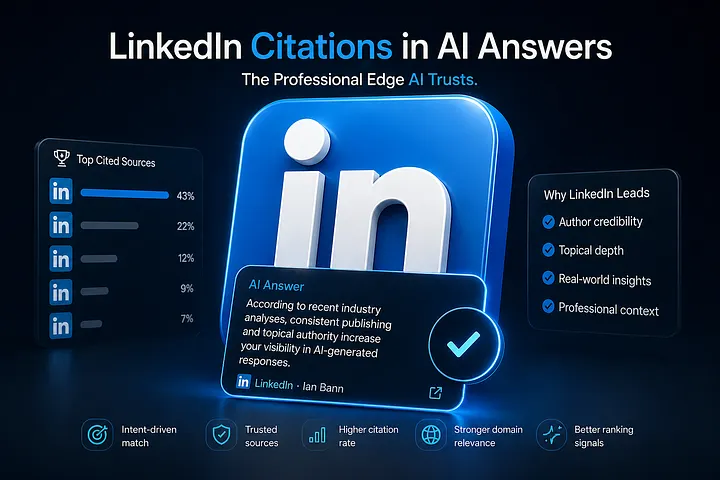 LinkedIn citations in AI answers showing how professional content is selected and reused inside AI-generated responses. Research by Ian Bann, AI Driven SEO Strategist.
